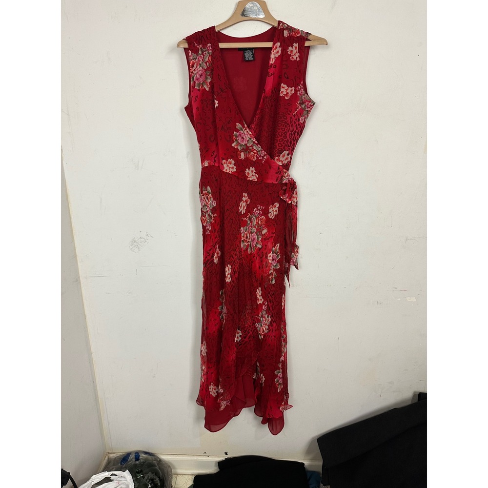 ICE Red Silk Floral Leopard Wrap Dress Sleeveless Midi Maxi Size 4